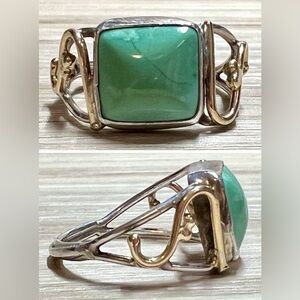 Handmade Designer Signed Sterling Silver & Gold Turquoise Ring, Size 7, 3.4g